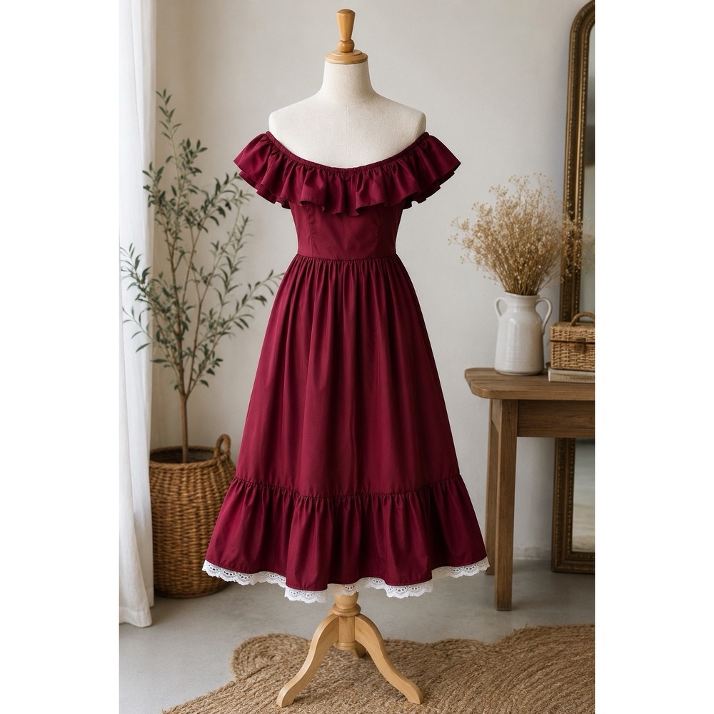 Victoria Burgundy Off Shoulder Prairie Dress Lace Trim Cottagecore XS S VTG